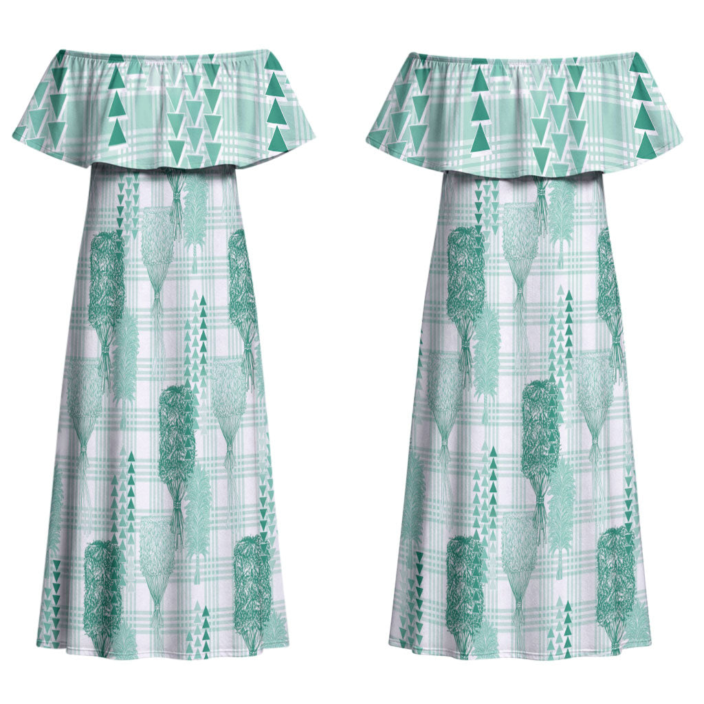 Aloha Hawaii Vintage Kahili Pa'a Lima Family Matching Off Shoulder Maxi Dress and Hawaiian Shirt Palaka Print Mossy Teal