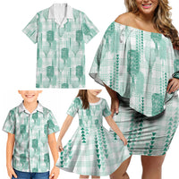 Aloha Hawaii Vintage Kahili Pa'a Lima Family Matching Off Shoulder Short Dress and Hawaiian Shirt Palaka Print Mossy Teal