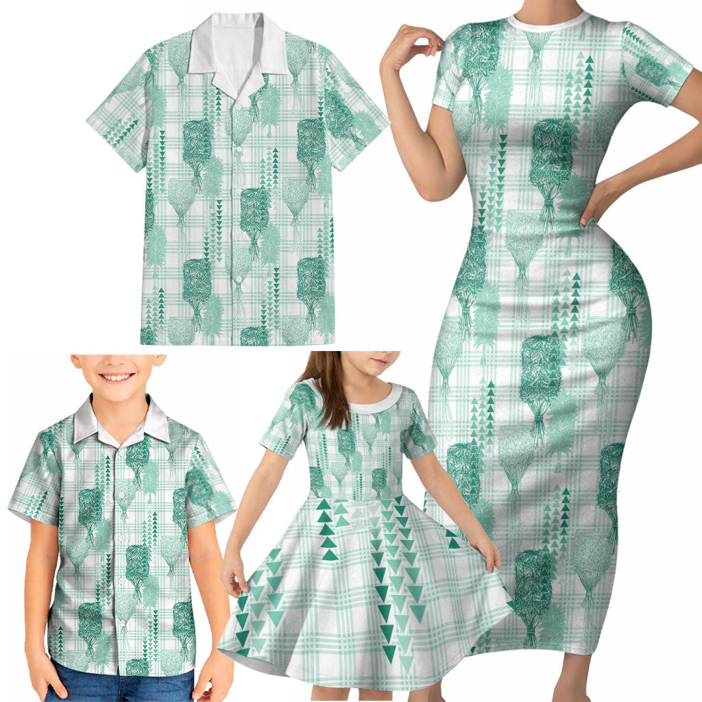 Aloha Hawaii Vintage Kahili Pa'a Lima Family Matching Short Sleeve Bodycon Dress and Hawaiian Shirt Palaka Print Mossy Teal LT7 - Polynesian Pride