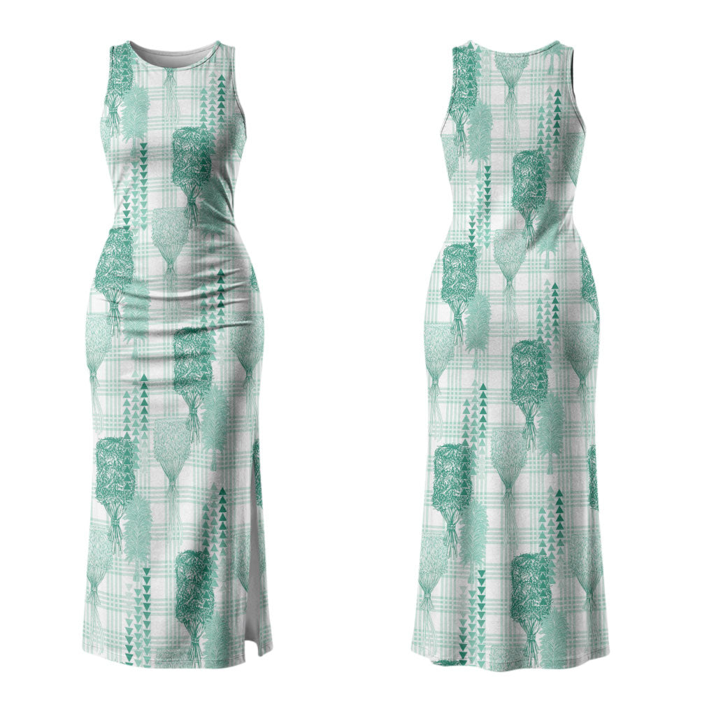 Aloha Hawaii Vintage Kahili Pa'a Lima Family Matching Tank Maxi Dress and Hawaiian Shirt Palaka Print Mossy Teal