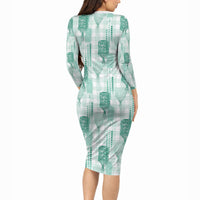 Aloha Hawaii Vintage Kahili Pa'a Lima Long Sleeve Bodycon Dress Palaka Print Mossy Teal