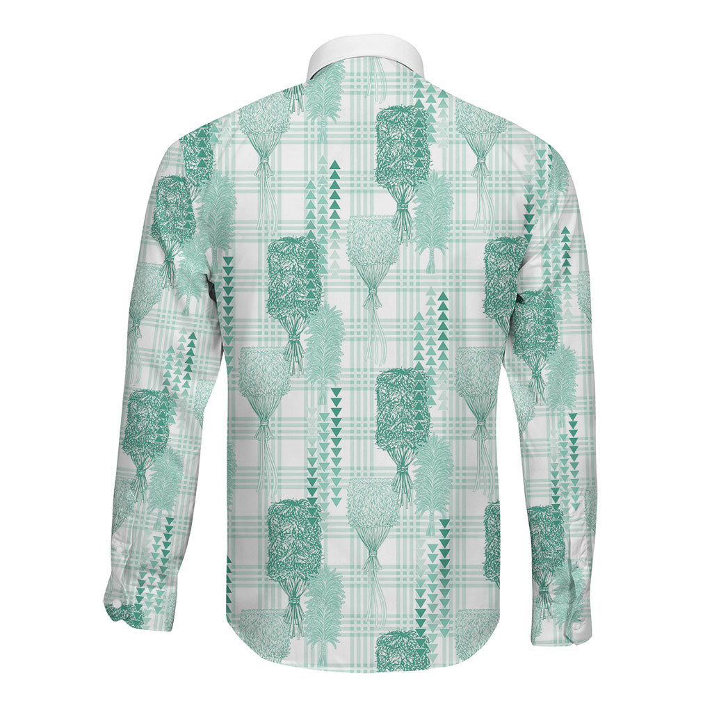 Aloha Hawaii Vintage Kahili Pa'a Lima Long Sleeve Button Shirt Palaka Print Mossy Teal