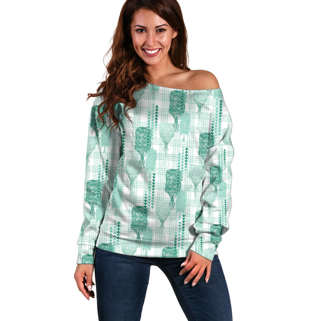 Aloha Hawaii Vintage Kahili Pa'a Lima Off Shoulder Sweater Palaka Print Mossy Teal LT7 Women Mossy Teal - Polynesian Pride