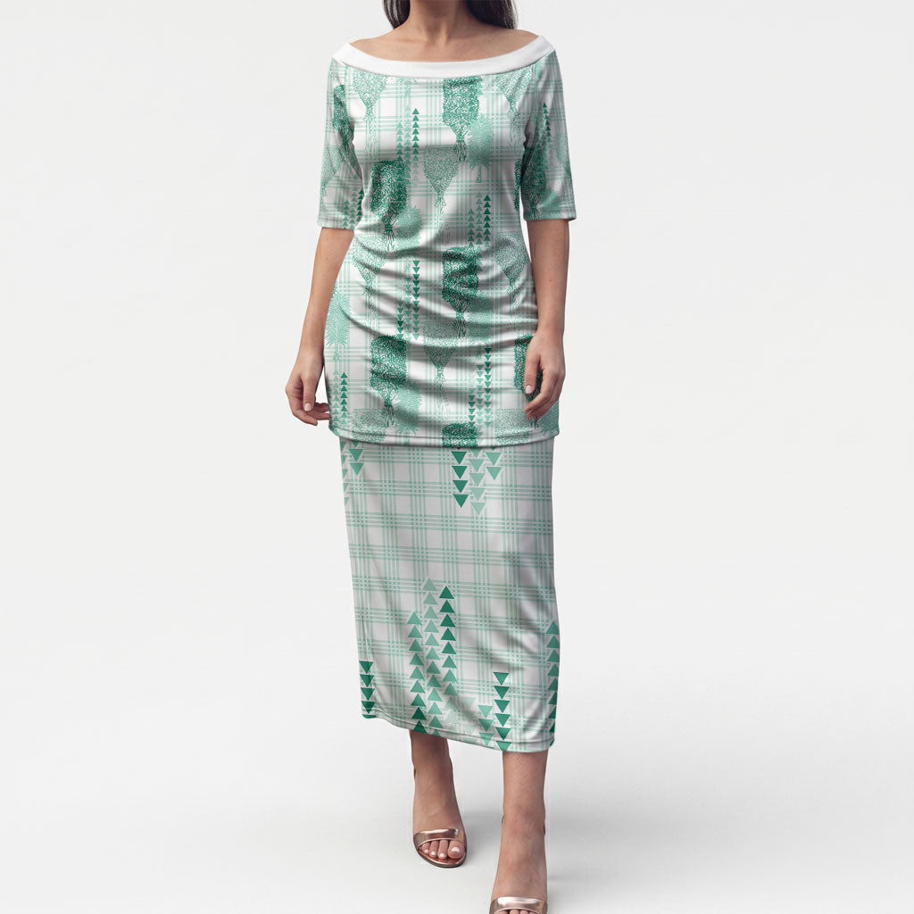 Aloha Hawaii Vintage Kahili Pa'a Lima Puletasi Palaka Print Mossy Teal LT7 Long Dress Mossy Teal - Polynesian Pride