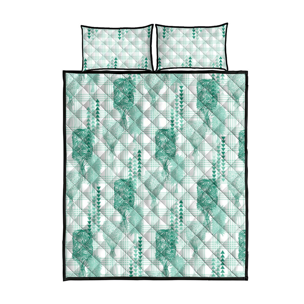 Aloha Hawaii Vintage Kahili Pa'a Lima Quilt Bed Set Palaka Print Mossy Teal