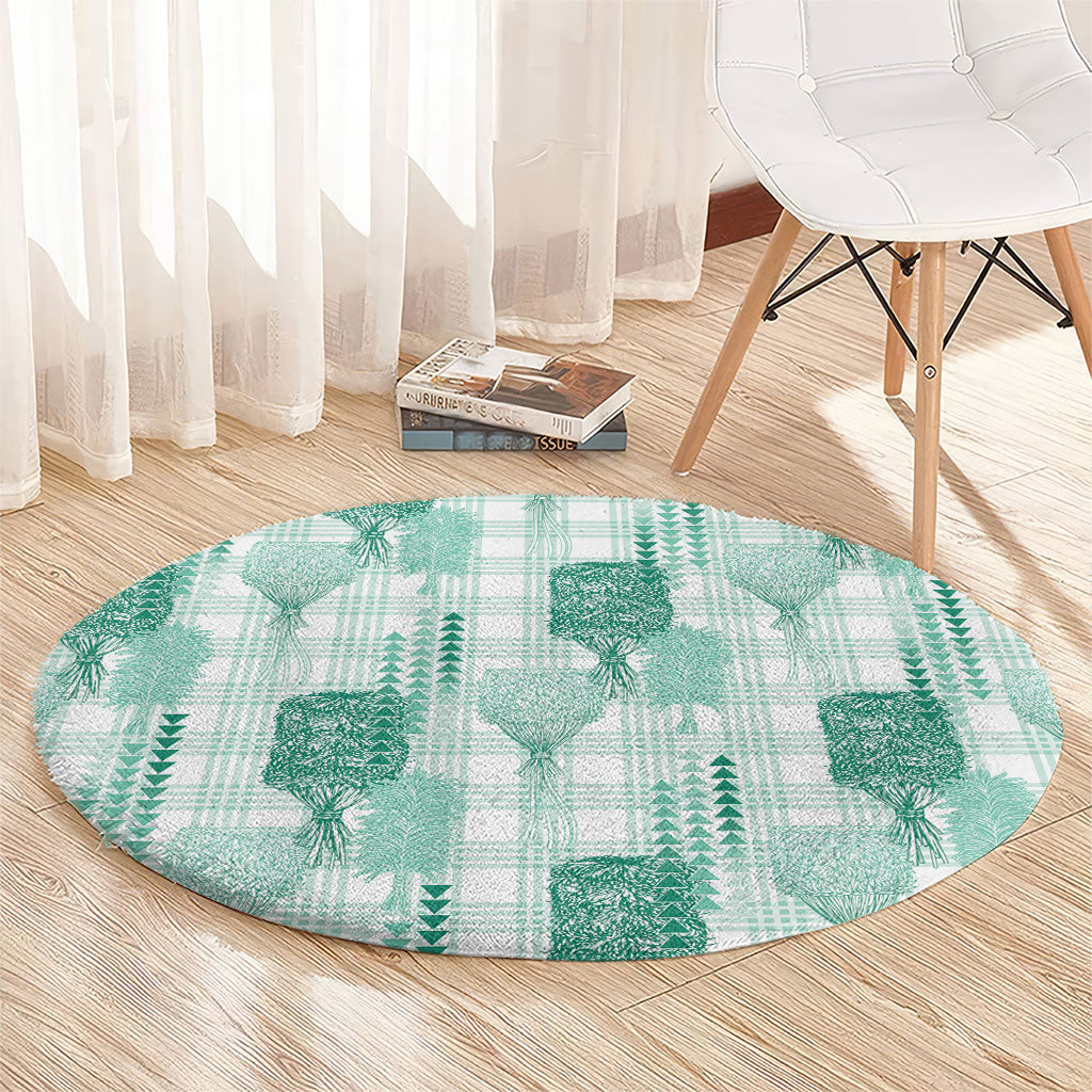 Aloha Hawaii Vintage Kahili Pa'a Lima Round Carpet Palaka Print Mossy Teal