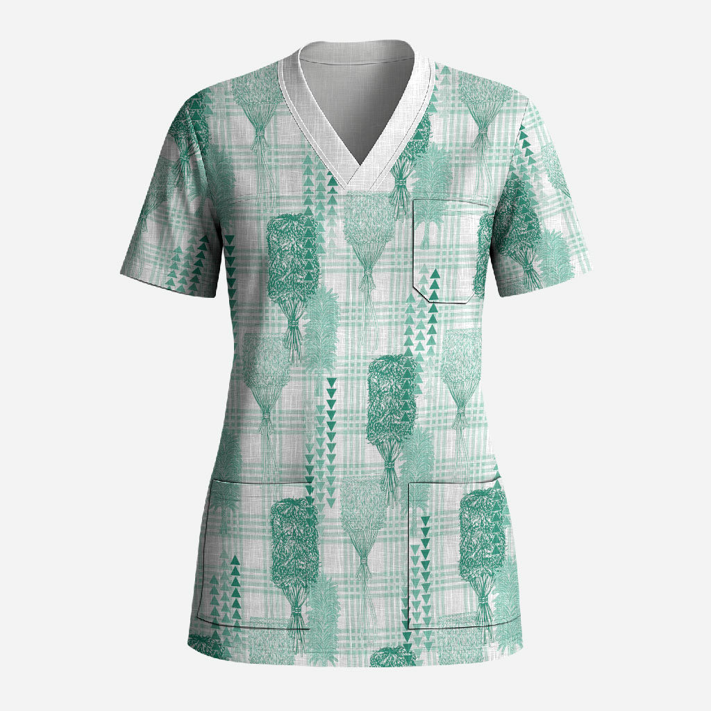 Aloha Hawaii Vintage Kahili Pa'a Lima Scrub Top Palaka Print Mossy Teal