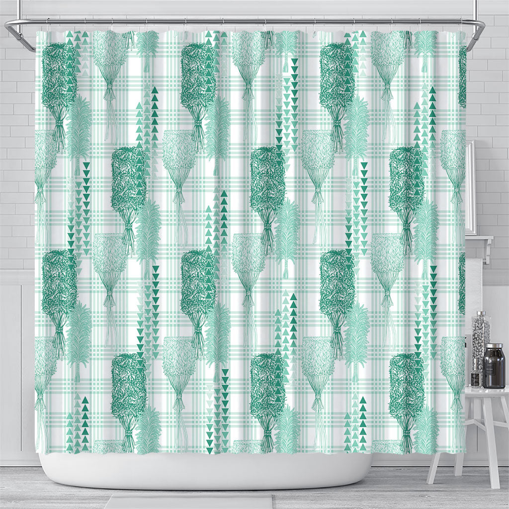 Aloha Hawaii Vintage Kahili Pa'a Lima Shower Curtain Palaka Print Mossy Teal