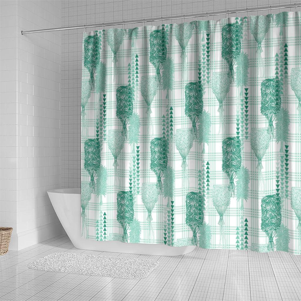 Aloha Hawaii Vintage Kahili Pa'a Lima Shower Curtain Palaka Print Mossy Teal