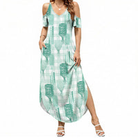 Aloha Hawaii Vintage Kahili Pa'a Lima Summer Maxi Dress Palaka Print Mossy Teal