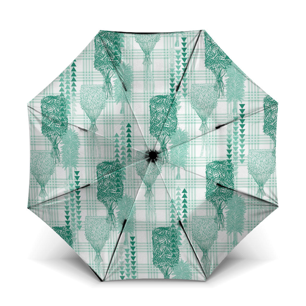 Aloha Hawaii Vintage Kahili Pa'a Lima Umbrella Palaka Print Mossy Teal