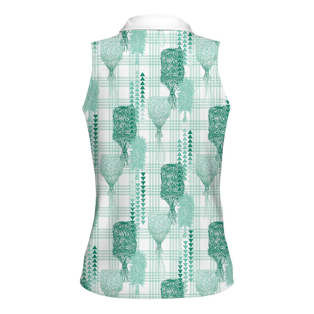 Aloha Hawaii Vintage Kahili Pa'a Lima Women Sleeveless Polo Shirt Palaka Print Mossy Teal
