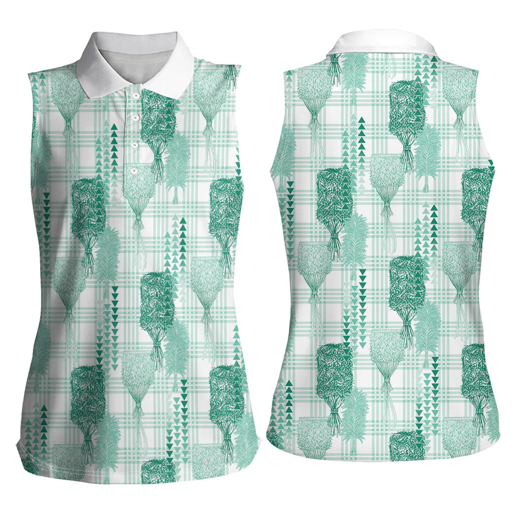 Aloha Hawaii Vintage Kahili Pa'a Lima Women Sleeveless Polo Shirt Palaka Print Mossy Teal