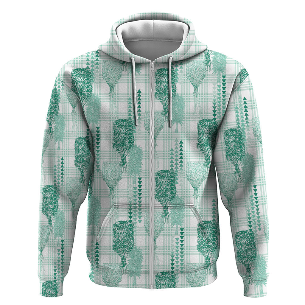 Aloha Hawaii Vintage Kahili Pa'a Lima Zip Hoodie Palaka Print Mossy Teal