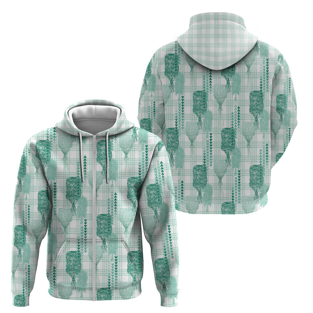 Aloha Hawaii Vintage Kahili Pa'a Lima Zip Hoodie Palaka Print Mossy Teal