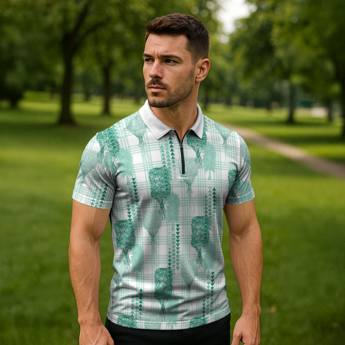 Aloha Hawaii Vintage Kahili Pa'a Lima Zipper Polo Shirt Palaka Print Mossy Teal