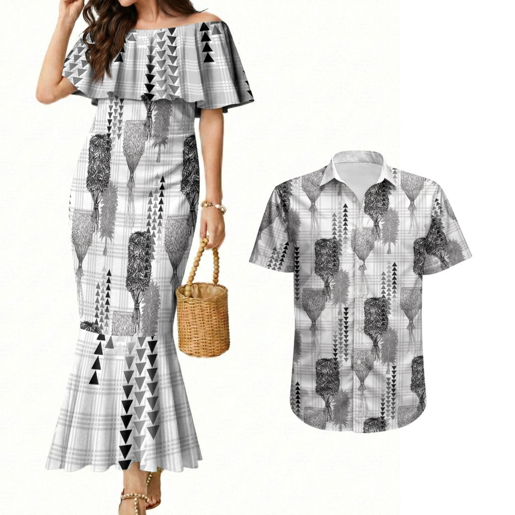 Aloha Hawaii Vintage Kahili Pa'a Lima Couples Matching Mermaid Dress and Hawaiian Shirt Palaka Print Hinahina LT7 Gray - Polynesian Pride