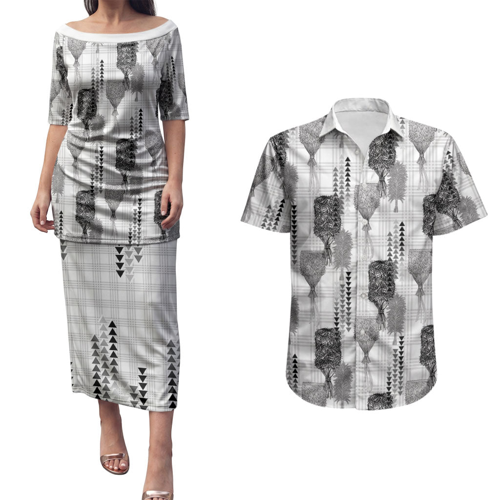 Aloha Hawaii Vintage Kahili Pa'a Lima Couples Matching Puletasi and Hawaiian Shirt Palaka Print Hinahina LT7 Gray - Polynesian Pride