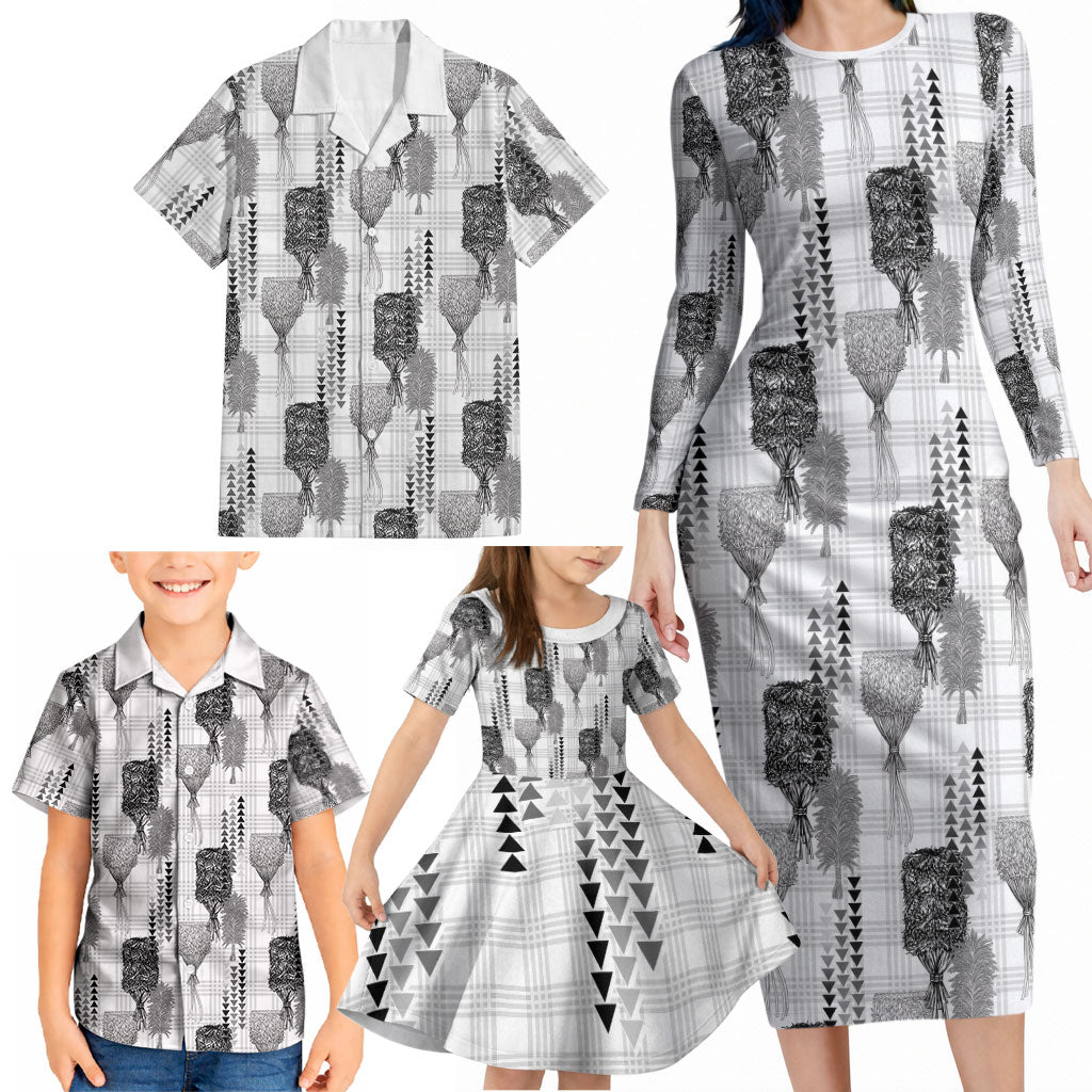 Aloha Hawaii Vintage Kahili Pa'a Lima Family Matching Long Sleeve Bodycon Dress and Hawaiian Shirt Palaka Print Hinahina LT7 - Polynesian Pride