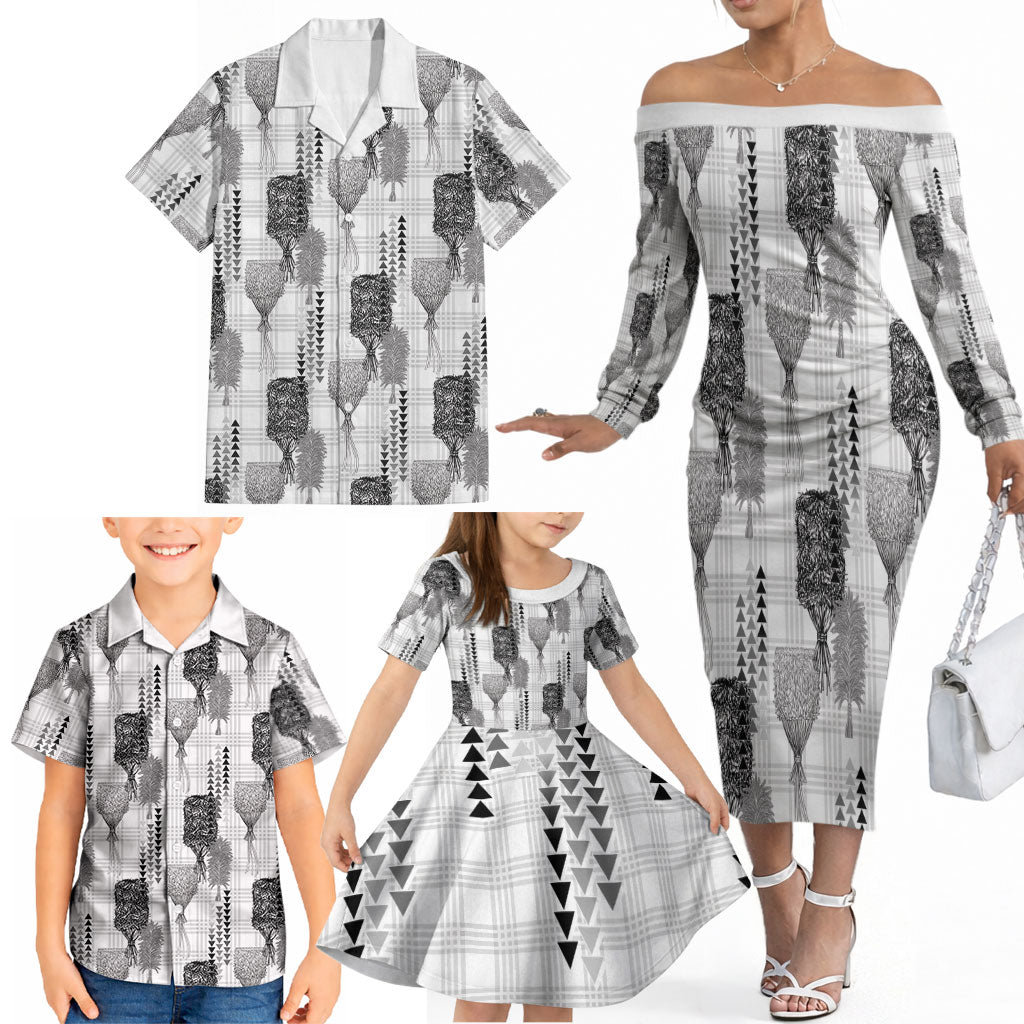 Aloha Hawaii Vintage Kahili Pa'a Lima Family Matching Off The Shoulder Long Sleeve Dress and Hawaiian Shirt Palaka Print Hinahina LT7 - Polynesian Pride