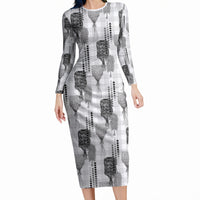 Aloha Hawaii Vintage Kahili Pa'a Lima Long Sleeve Bodycon Dress Palaka Print Hinahina