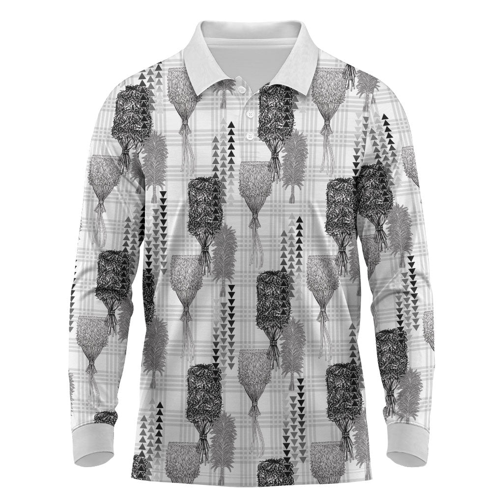 Aloha Hawaii Vintage Kahili Pa'a Lima Long Sleeve Polo Shirt Palaka Print Hinahina LT7 Gray - Polynesian Pride