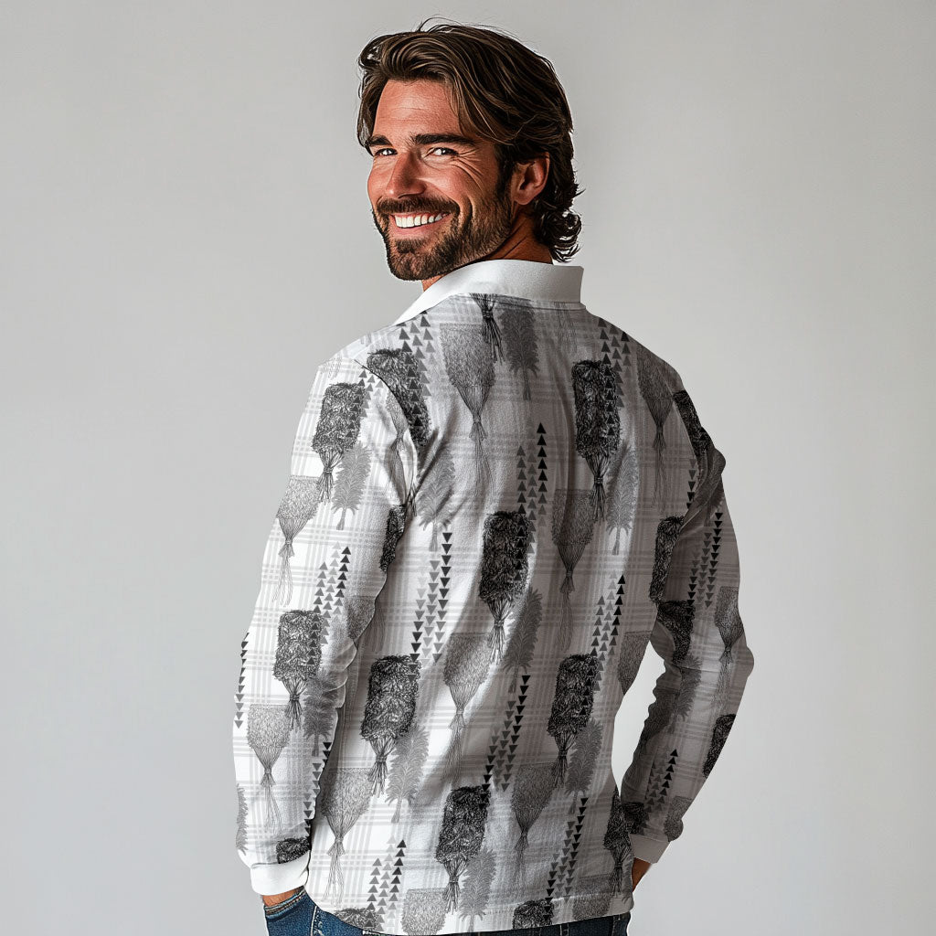 Aloha Hawaii Vintage Kahili Pa'a Lima Long Sleeve Polo Shirt Palaka Print Hinahina