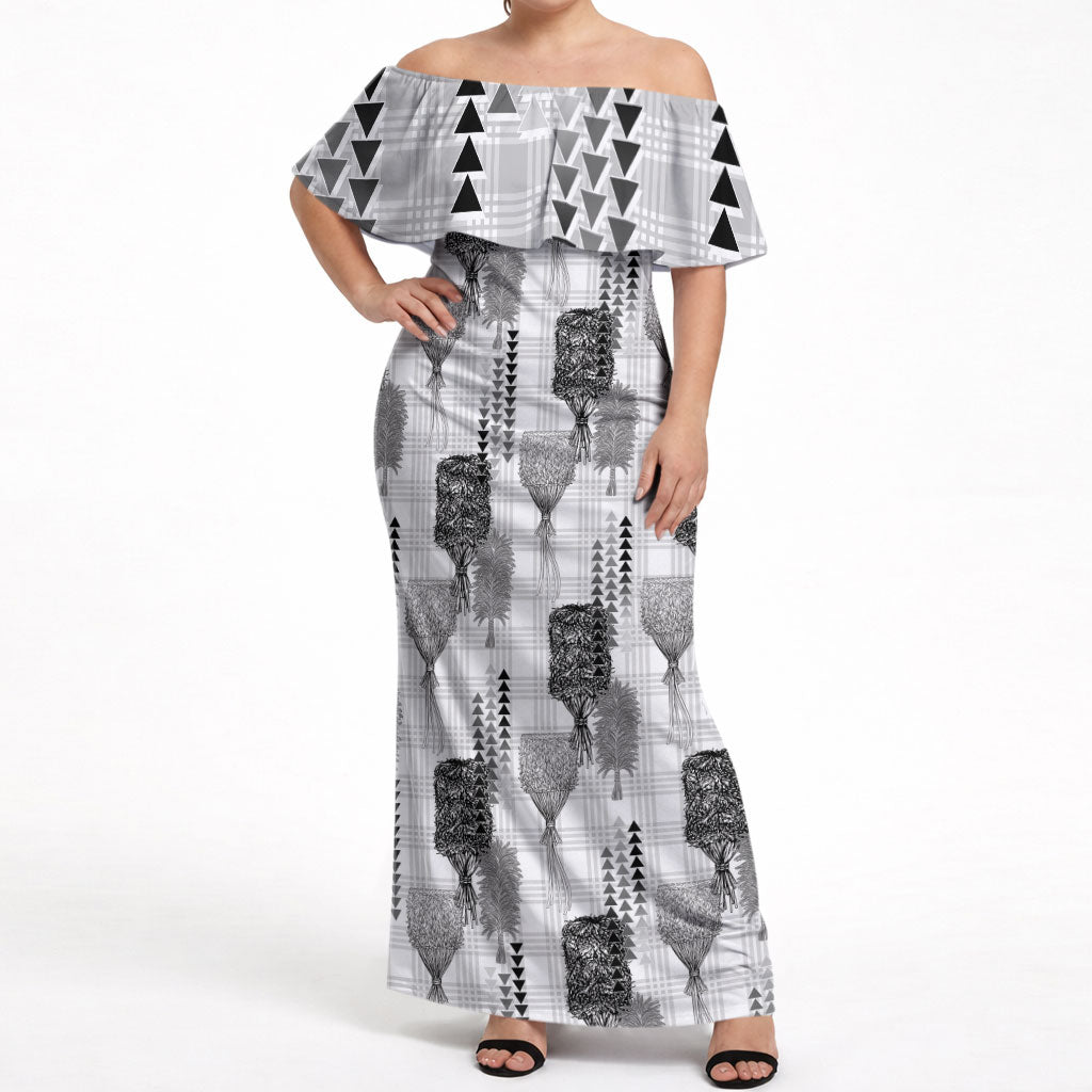 Aloha Hawaii Vintage Kahili Pa'a Lima Off Shoulder Maxi Dress Palaka Print Hinahina