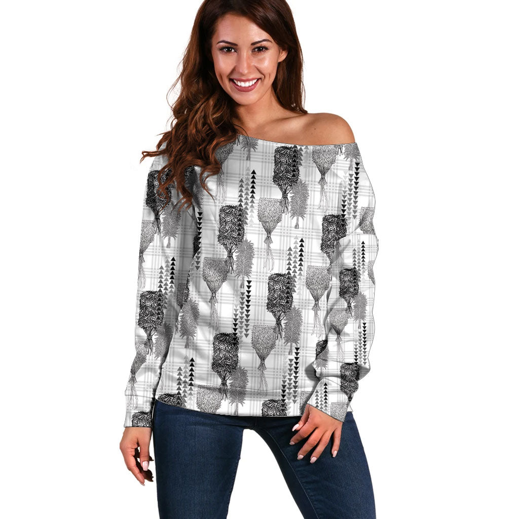 Aloha Hawaii Vintage Kahili Pa'a Lima Off Shoulder Sweater Palaka Print Hinahina LT7 Women Gray - Polynesian Pride