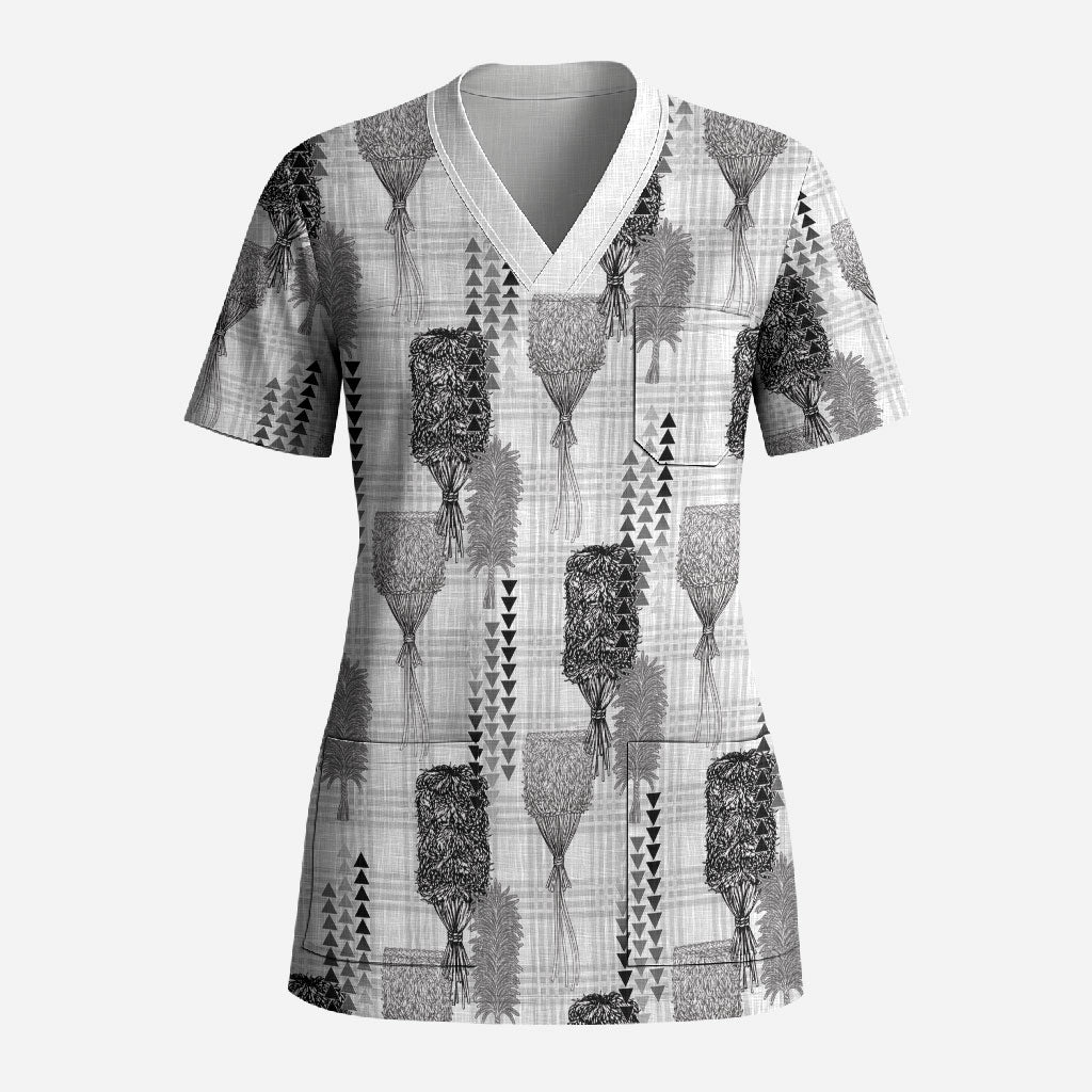 Aloha Hawaii Vintage Kahili Pa'a Lima Scrub Top Palaka Print Hinahina LT7 Adult Gray - Polynesian Pride