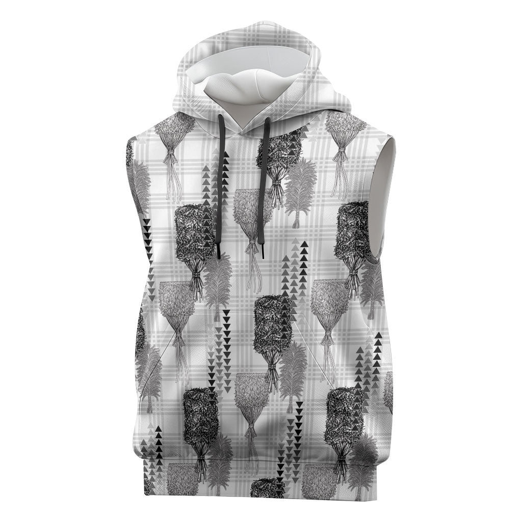 Aloha Hawaii Vintage Kahili Pa'a Lima Sleeveless Hoodie Palaka Print Hinahina LT7 Gray - Polynesian Pride