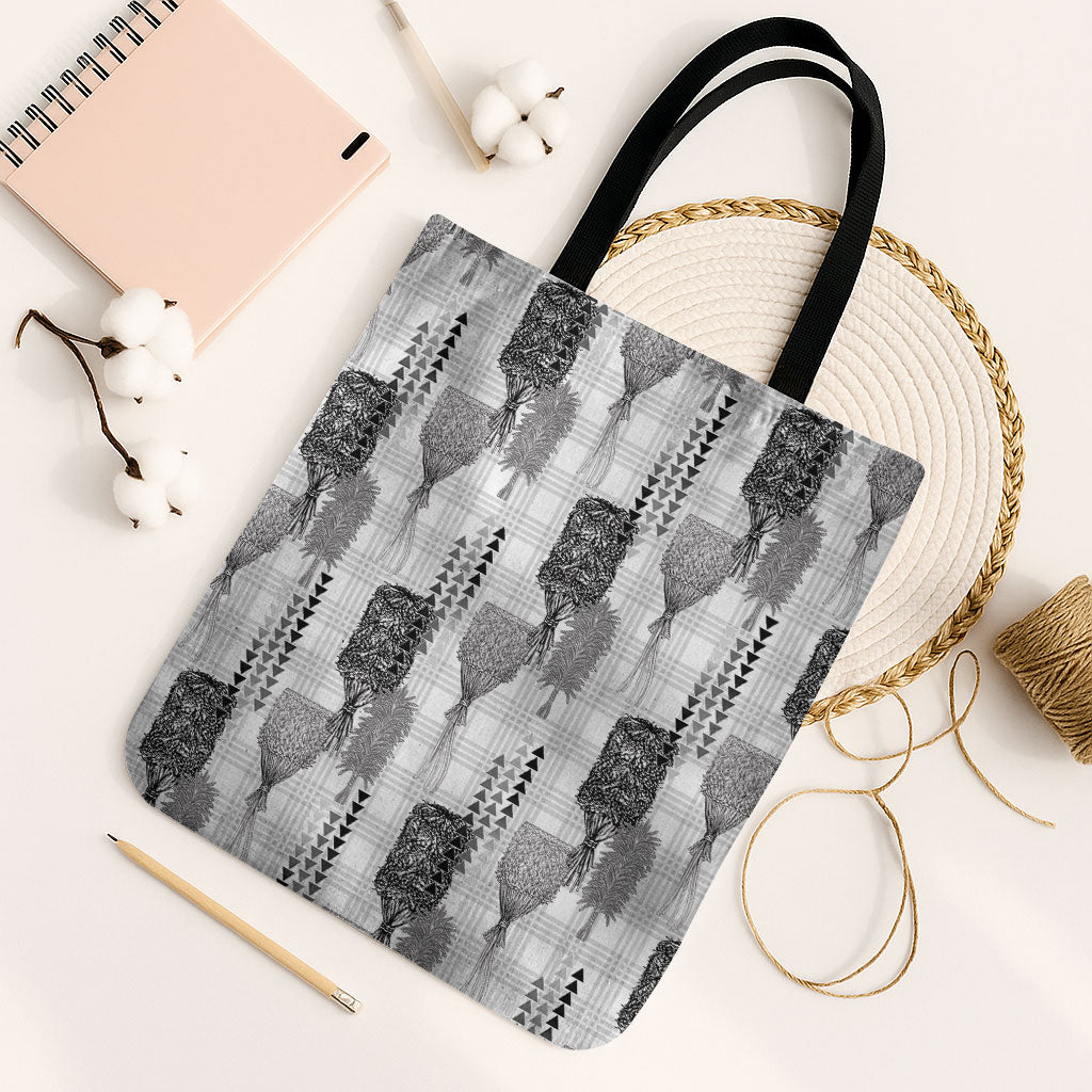 Aloha Hawaii Vintage Kahili Pa'a Lima Tote Bag Palaka Print Hinahina LT7 Black Strap One Size Gray - Polynesian Pride