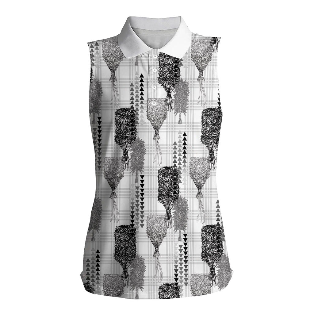 Aloha Hawaii Vintage Kahili Pa'a Lima Women Sleeveless Polo Shirt Palaka Print Hinahina