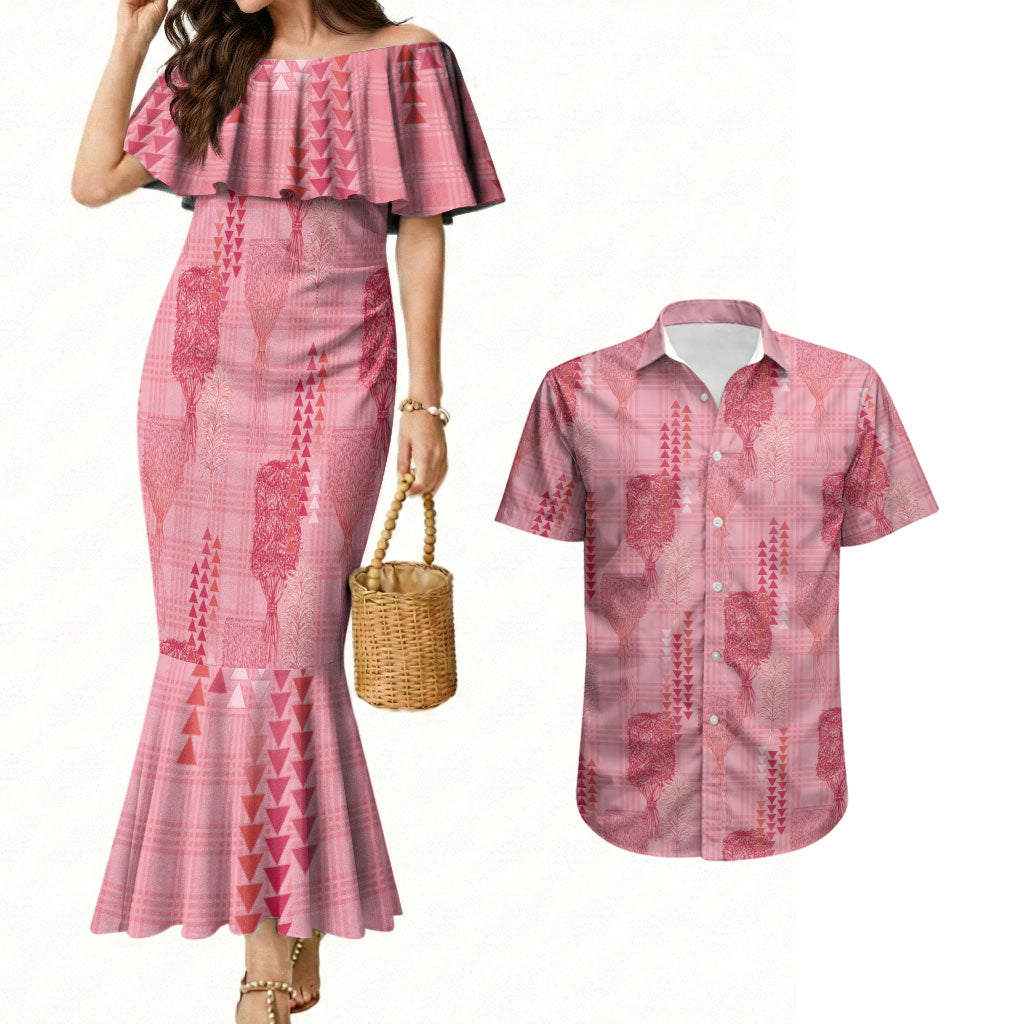 Aloha Hawaii Vintage Kahili Pa'a Lima Couples Matching Mermaid Dress and Hawaiian Shirt Palaka Print Berry Pink LT7 Pink - Polynesian Pride