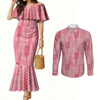 Aloha Hawaii Vintage Kahili Pa'a Lima Couples Matching Mermaid Dress and Long Sleeve Button Shirt Palaka Print Berry Pink