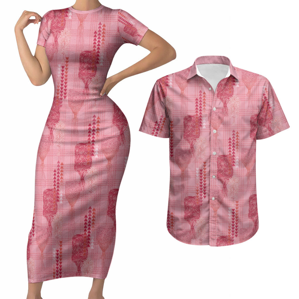Aloha Hawaii Vintage Kahili Pa'a Lima Couples Matching Short Sleeve Bodycon Dress and Hawaiian Shirt Palaka Print Berry Pink