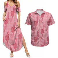 Aloha Hawaii Vintage Kahili Pa'a Lima Couples Matching Summer Maxi Dress and Hawaiian Shirt Palaka Print Berry Pink