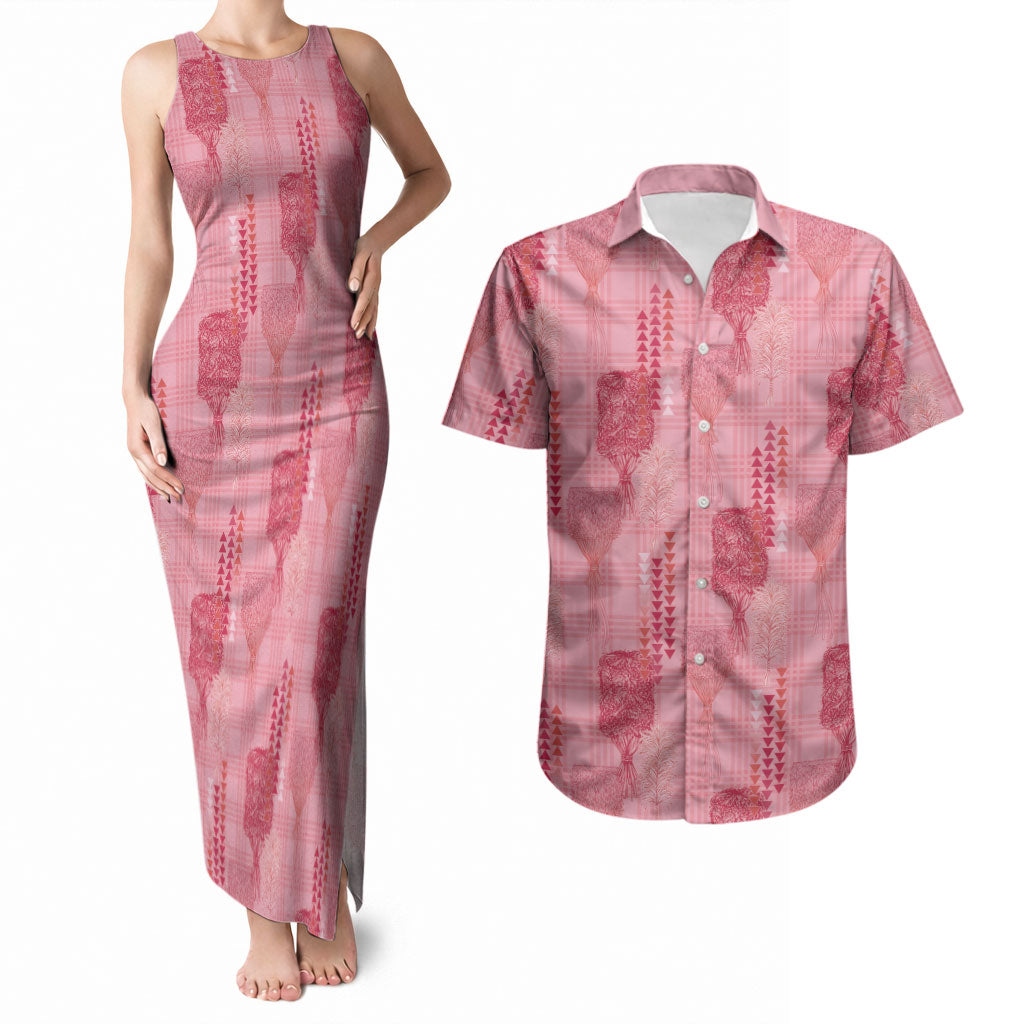 Aloha Hawaii Vintage Kahili Pa'a Lima Couples Matching Tank Maxi Dress and Hawaiian Shirt Palaka Print Berry Pink LT7 Pink - Polynesian Pride