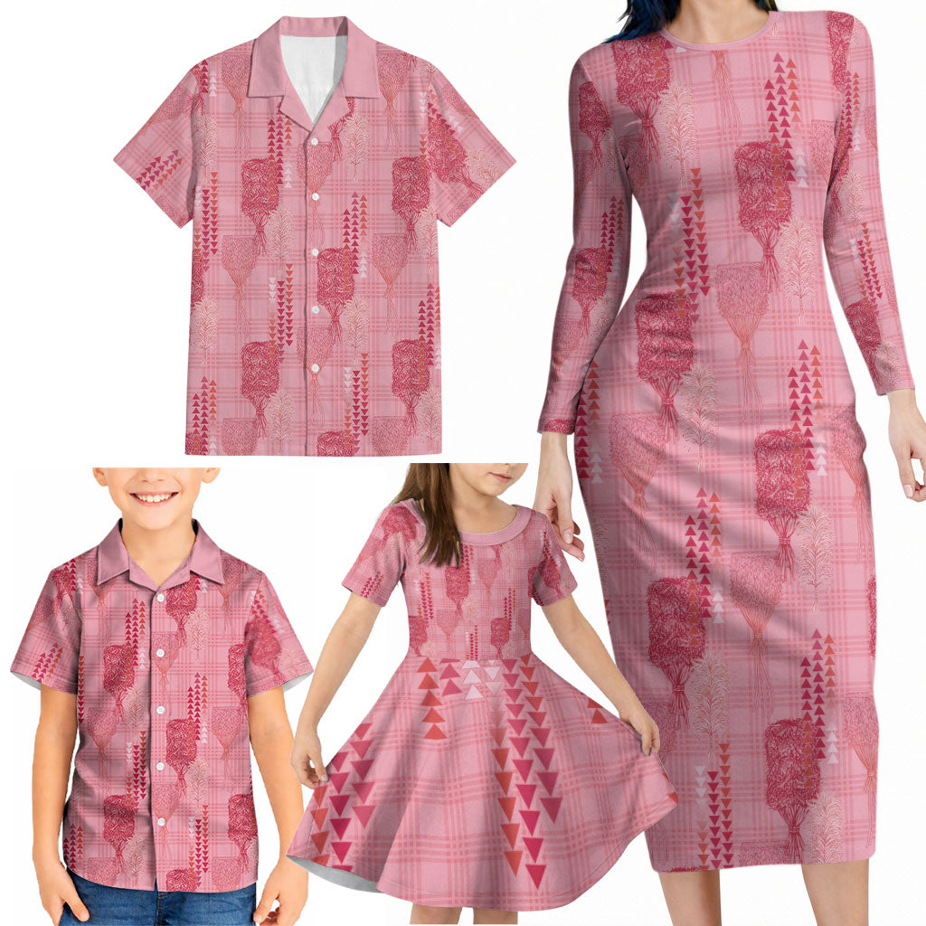 Aloha Hawaii Vintage Kahili Pa'a Lima Family Matching Long Sleeve Bodycon Dress and Hawaiian Shirt Palaka Print Berry Pink LT7 - Polynesian Pride