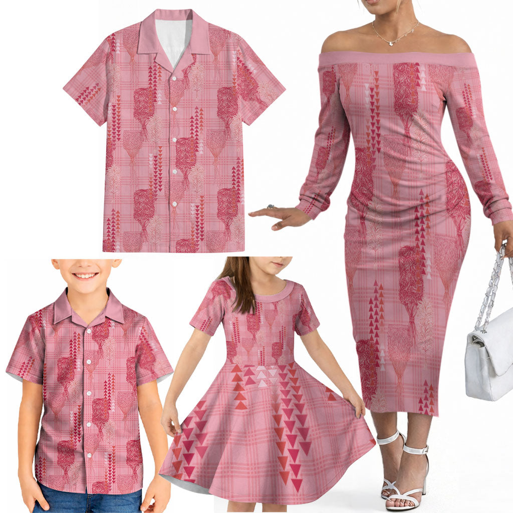 Aloha Hawaii Vintage Kahili Pa'a Lima Family Matching Off The Shoulder Long Sleeve Dress and Hawaiian Shirt Palaka Print Berry Pink