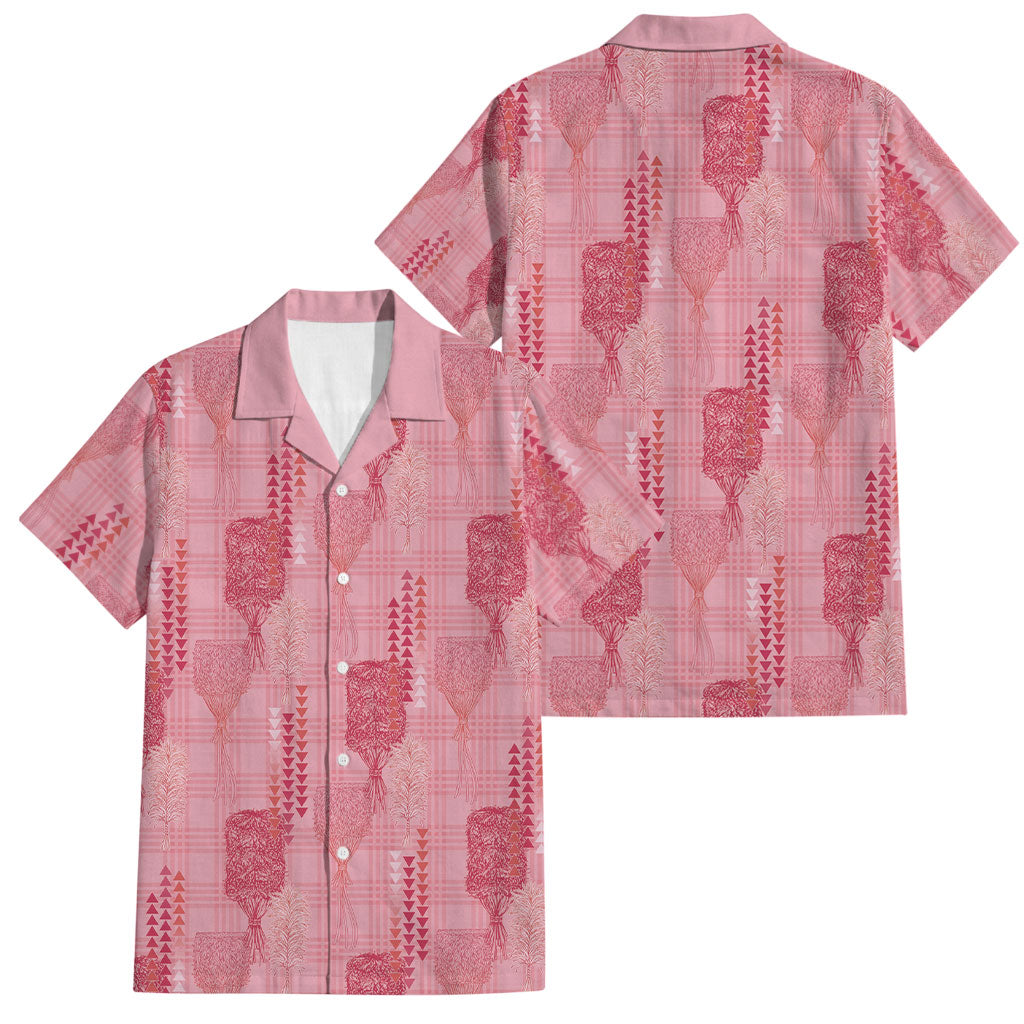 Aloha Hawaii Vintage Kahili Pa'a Lima Family Matching Off Shoulder Short Dress and Hawaiian Shirt Palaka Print Berry Pink