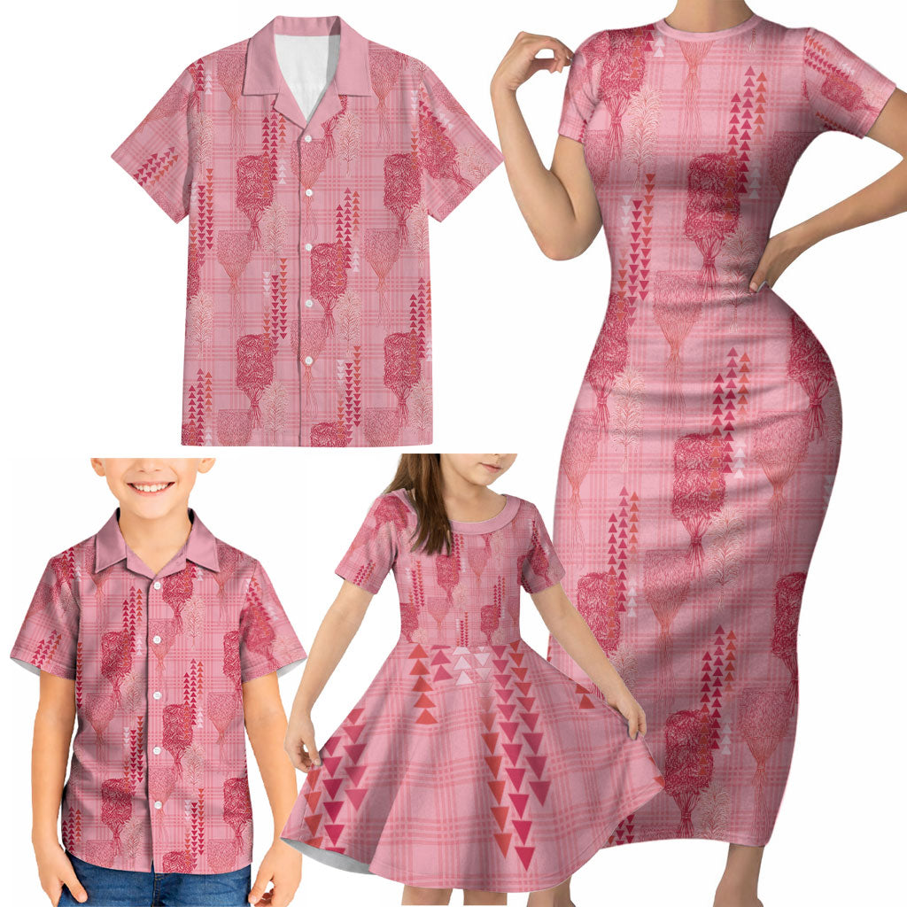 Aloha Hawaii Vintage Kahili Pa'a Lima Family Matching Short Sleeve Bodycon Dress and Hawaiian Shirt Palaka Print Berry Pink LT7 - Polynesian Pride
