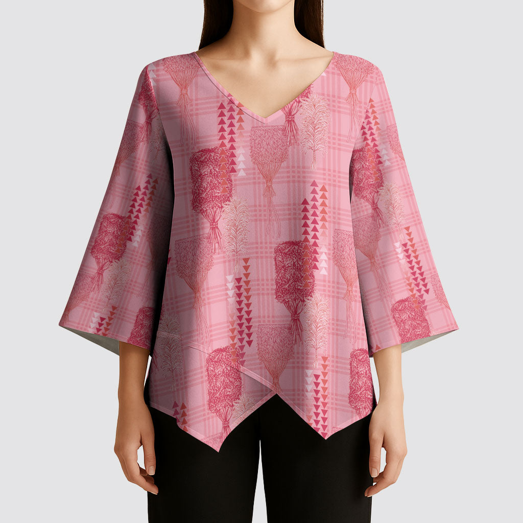 Aloha Hawaii Vintage Kahili Pa'a Lima Kimono Sleeve Blouse Palaka Print Berry Pink