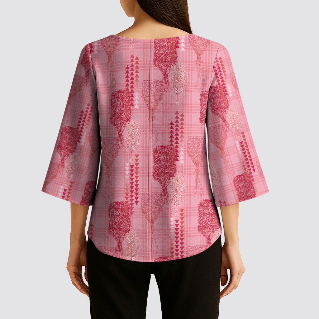 Aloha Hawaii Vintage Kahili Pa'a Lima Kimono Sleeve Blouse Palaka Print Berry Pink