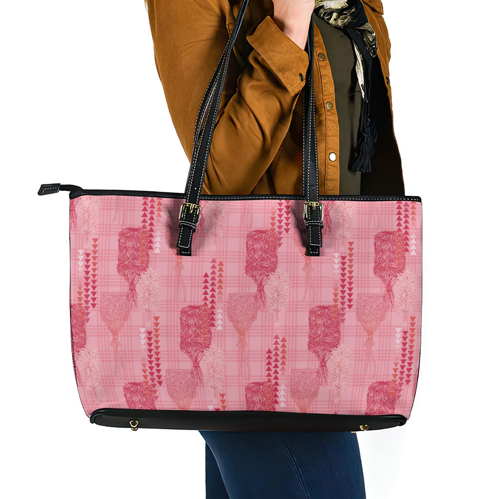 Aloha Hawaii Vintage Kahili Pa'a Lima Leather Tote Bag Palaka Print Berry Pink