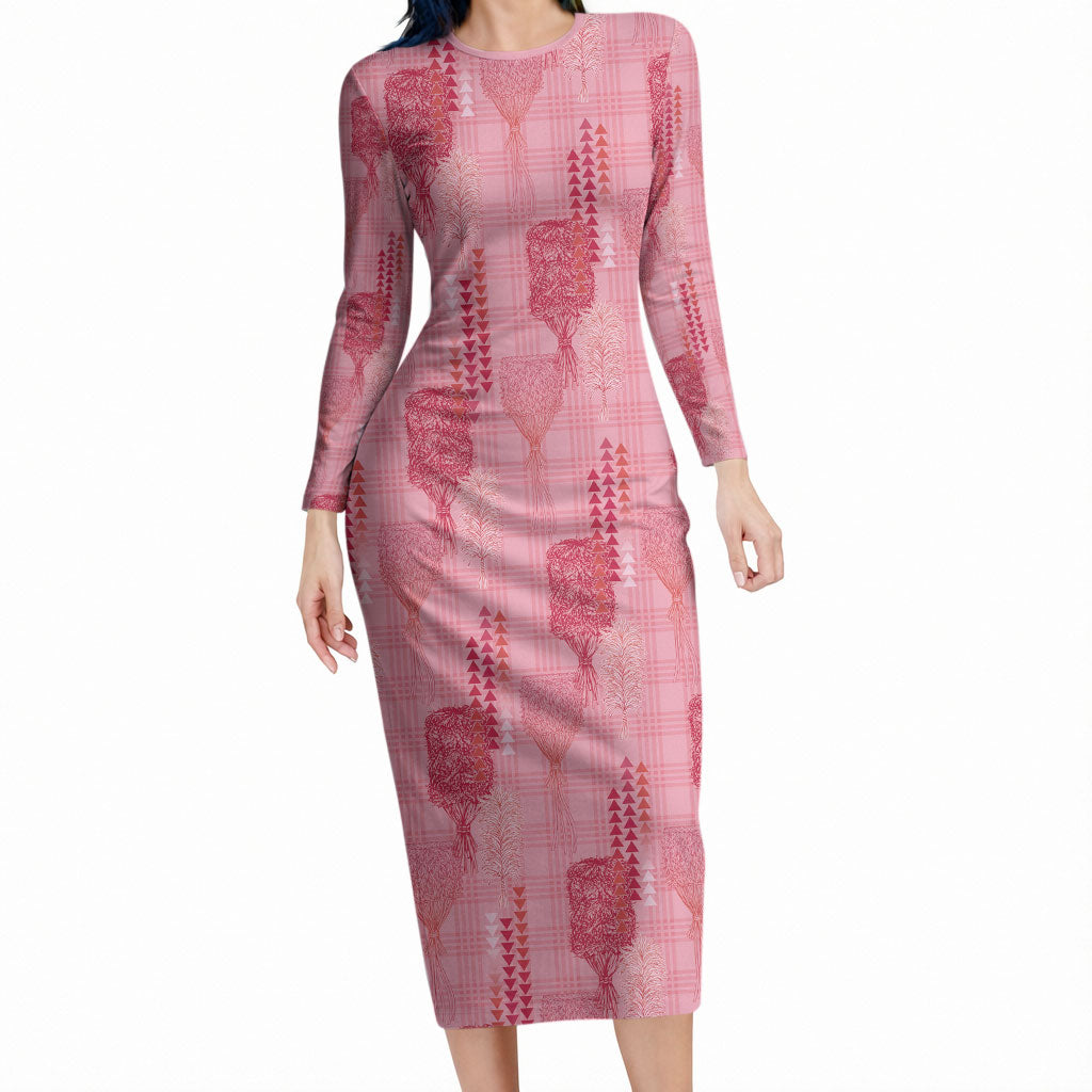 Aloha Hawaii Vintage Kahili Pa'a Lima Long Sleeve Bodycon Dress Palaka Print Berry Pink LT7 Long Dress Pink - Polynesian Pride