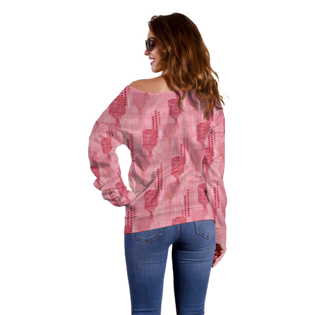 Aloha Hawaii Vintage Kahili Pa'a Lima Off Shoulder Sweater Palaka Print Berry Pink