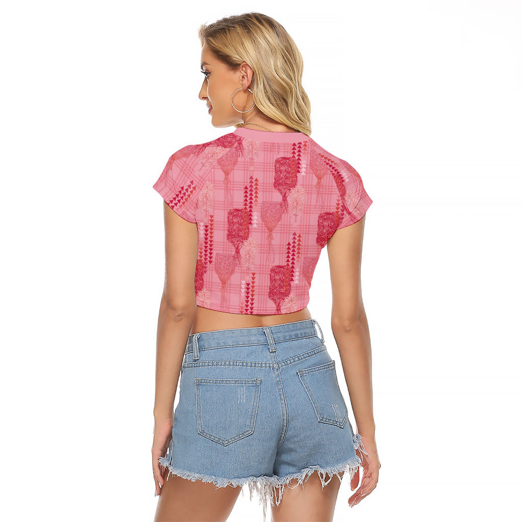 Aloha Hawaii Vintage Kahili Pa'a Lima Raglan Cropped T Shirt Palaka Print Berry Pink