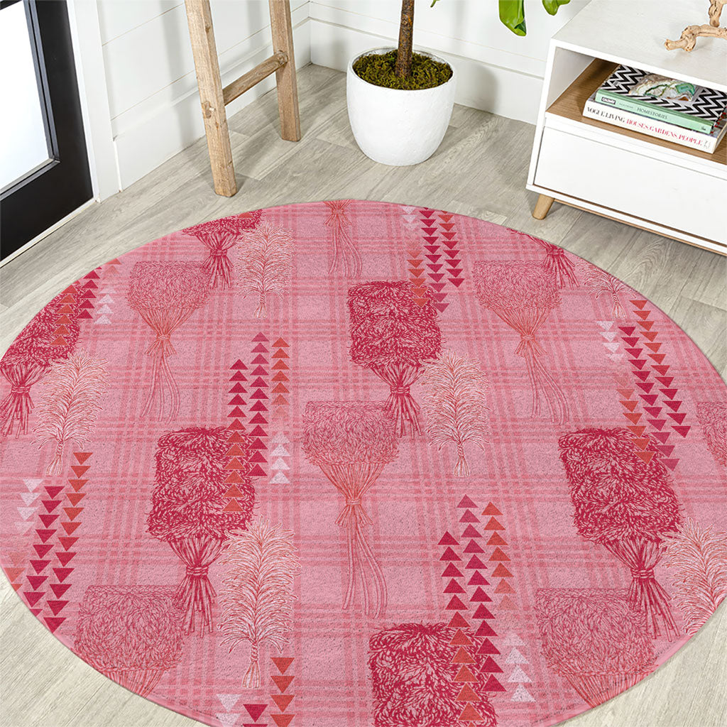 Aloha Hawaii Vintage Kahili Pa'a Lima Round Carpet Palaka Print Berry Pink