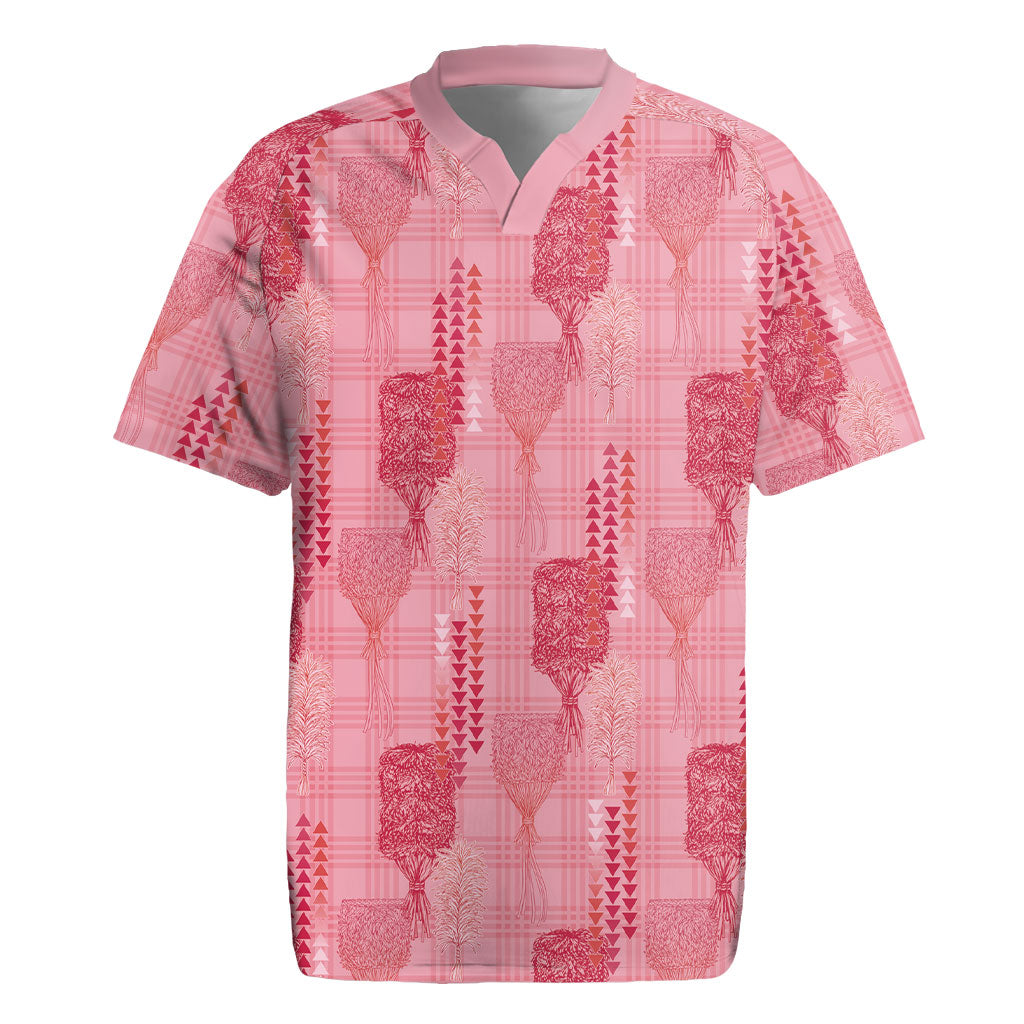 Aloha Hawaii Vintage Kahili Pa'a Lima Rugby Jersey Palaka Print Berry Pink